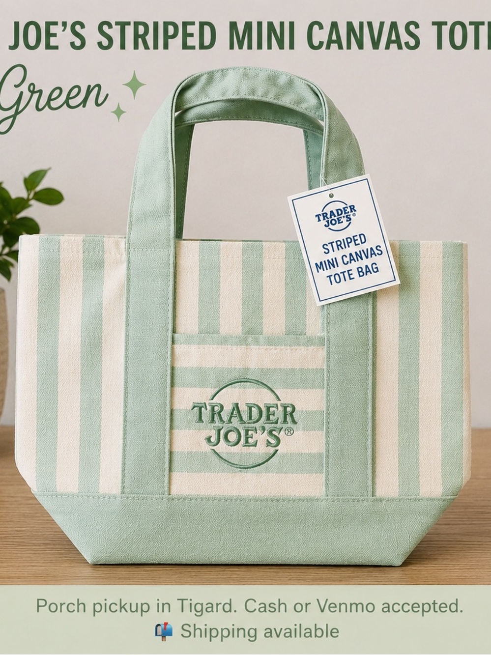 💚 Trader Joe’s Mint Green Striped Mini Canvas Tote Bag Summer Collection NWT
